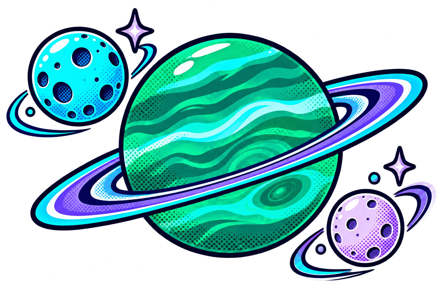 Tres planetas ilustrados en verde, cian y violeta