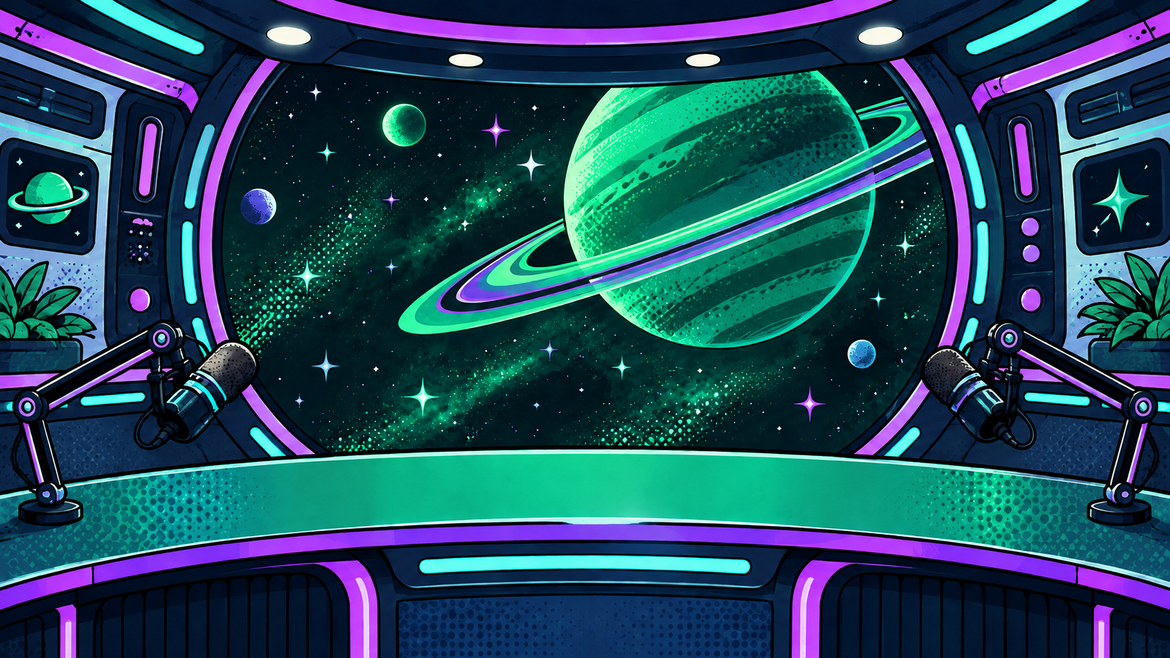 Estudio espacial del podcast, con micrófonos frente a un planeta verde