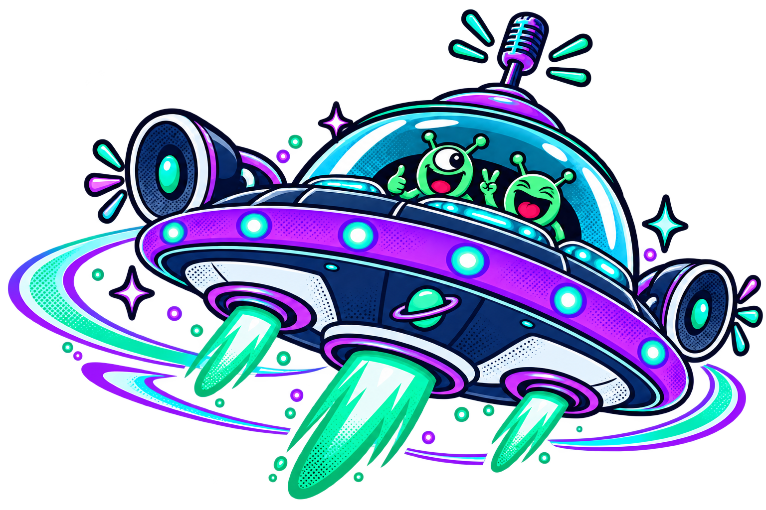 Nave con luces cian y violeta con aliens y equipo de podcast